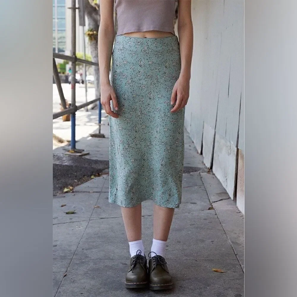 Brandy Melville Green Floral Midi Side Slit Skirt OS